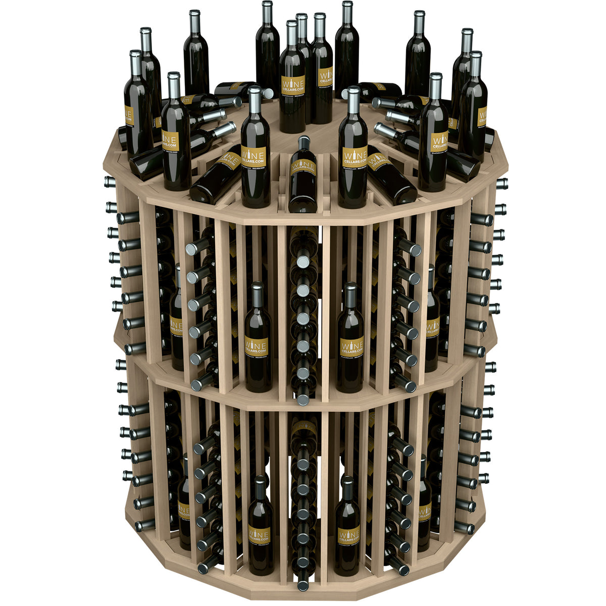 Round wine bottle display rack with open top and many bottles in stacked wooden slots