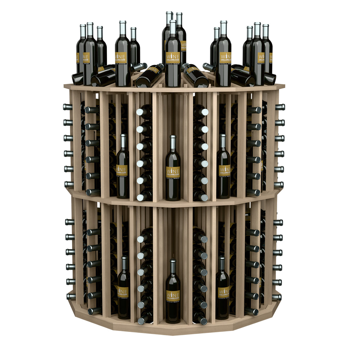 Light wood round wine bottle display rack with multiple rows and labeled bottles