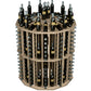 Round commercial wine bottle display rack with light wood frame and bottle slots