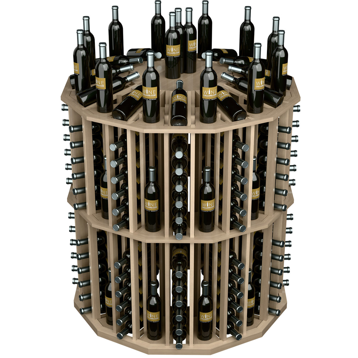 Round commercial wine bottle display rack with light wood frame and bottle slots