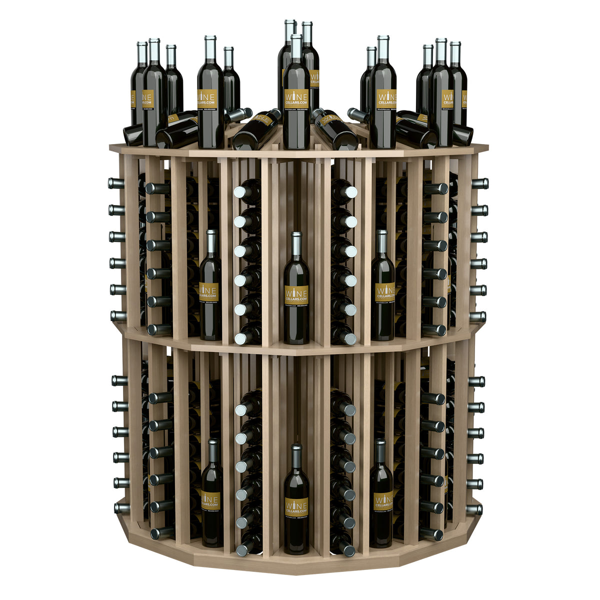 Round wine bottle display rack with light wood frame, circular bottle holder rows
