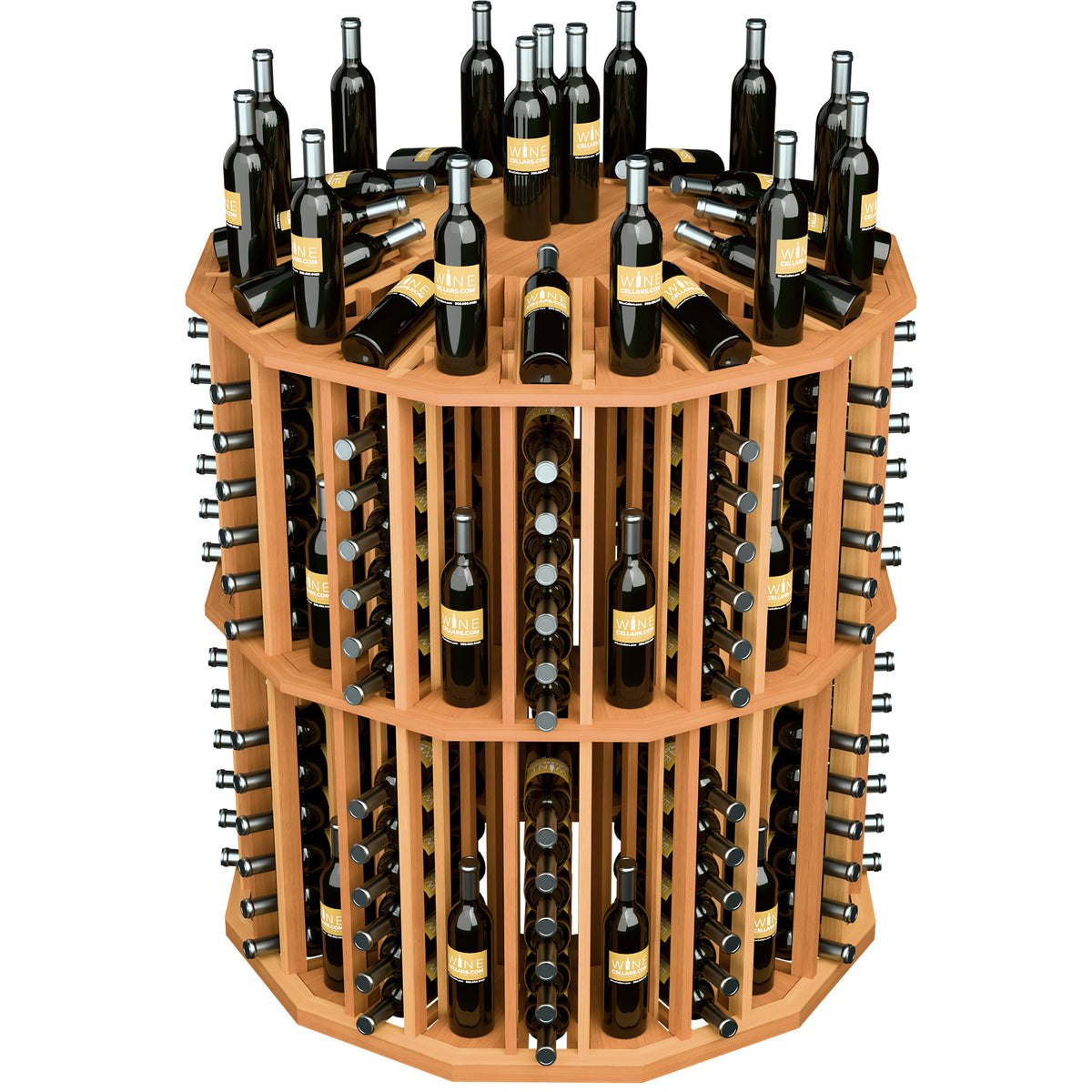 Round honey-toned wood wine bottle display with bottle rows and metal neck holders