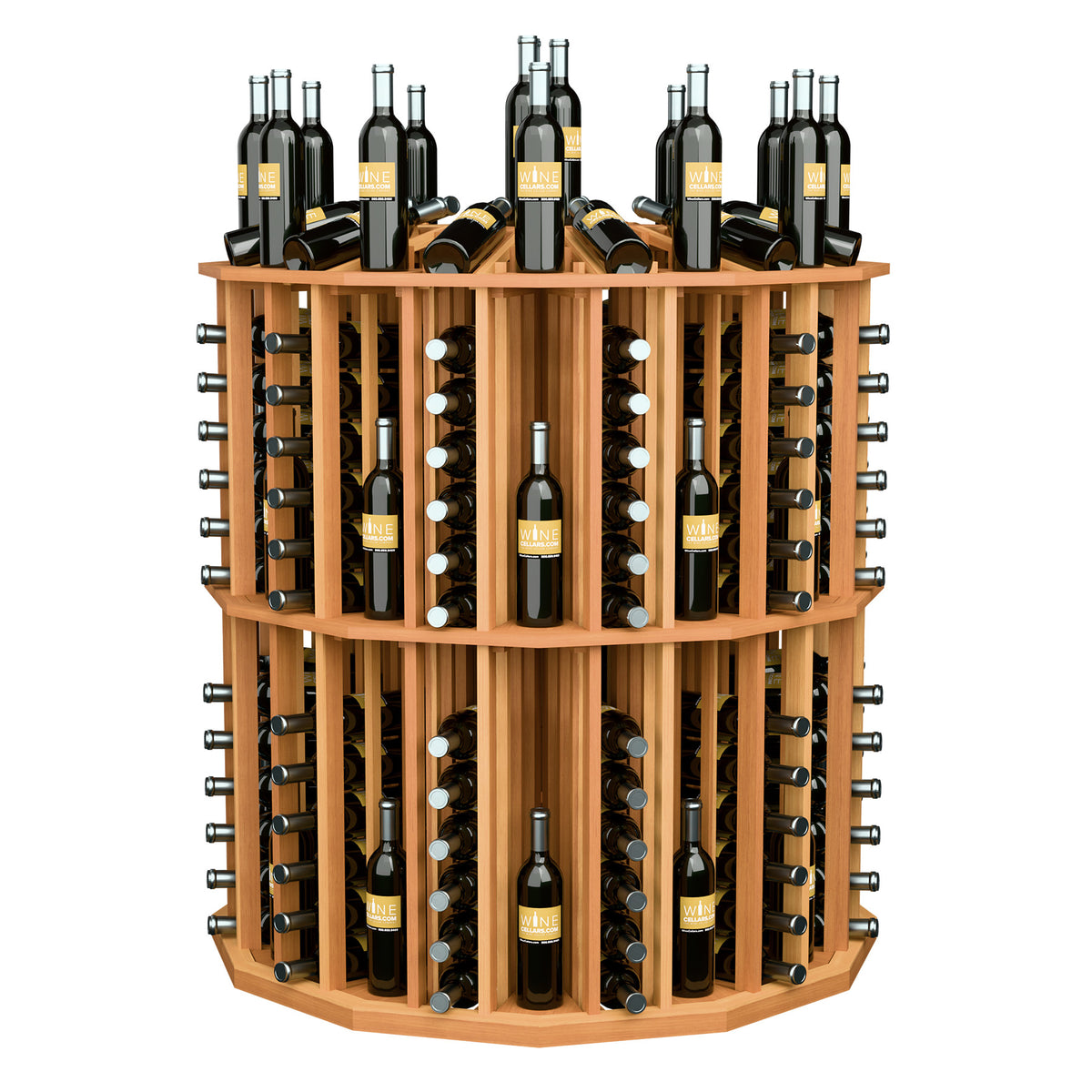 Round wine bottle display rack, side view, with light wood shelves and black bottles