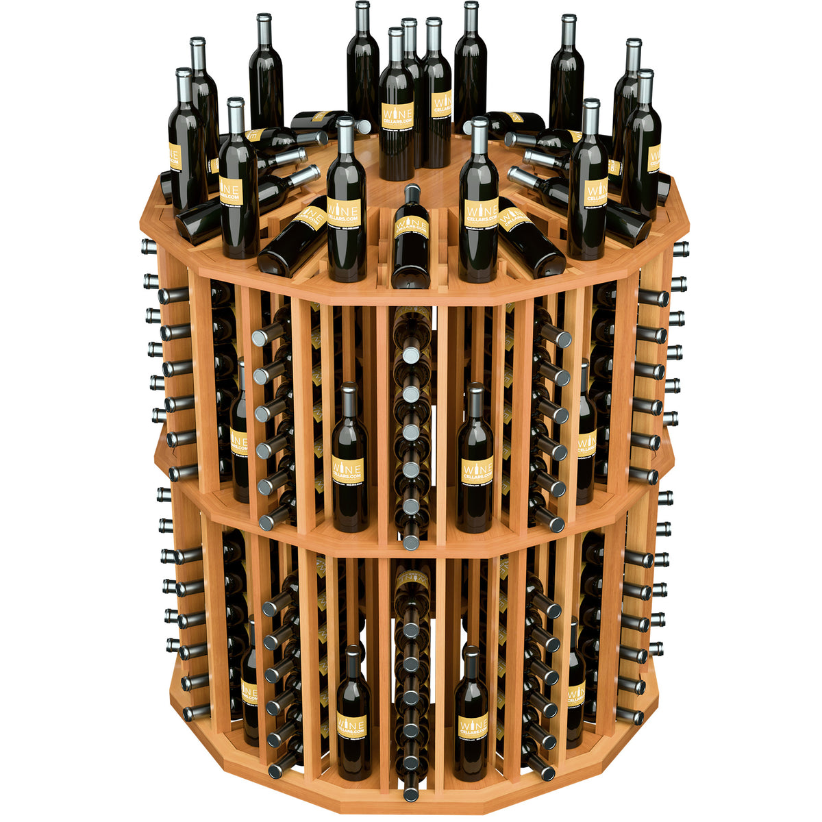 Round commercial wine bottle display rack with natural wood frame and bottle slots