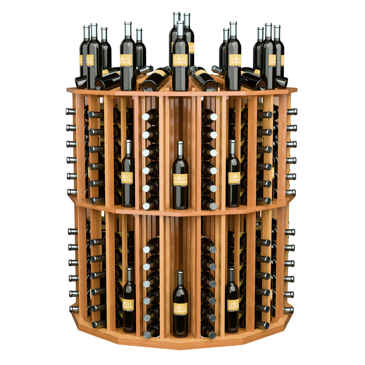 Round wine bottle display rack with warm wood frame and cylindrical bottle holder slots