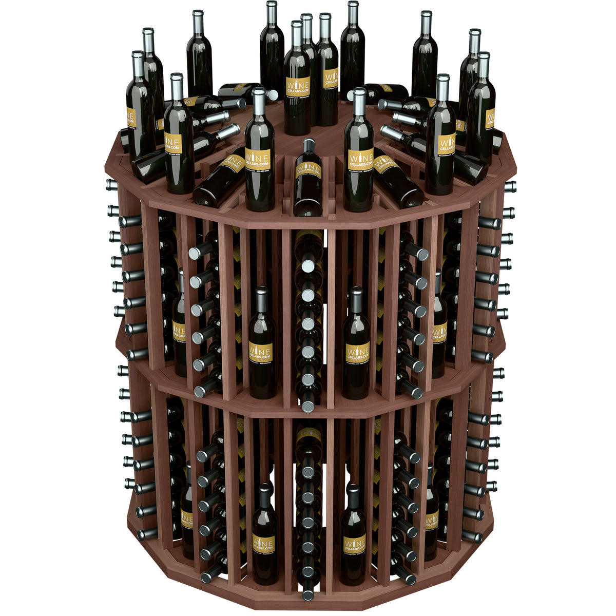 Round wine bottle display rack with dark reddish-brown wood shelves and multiple black bottles