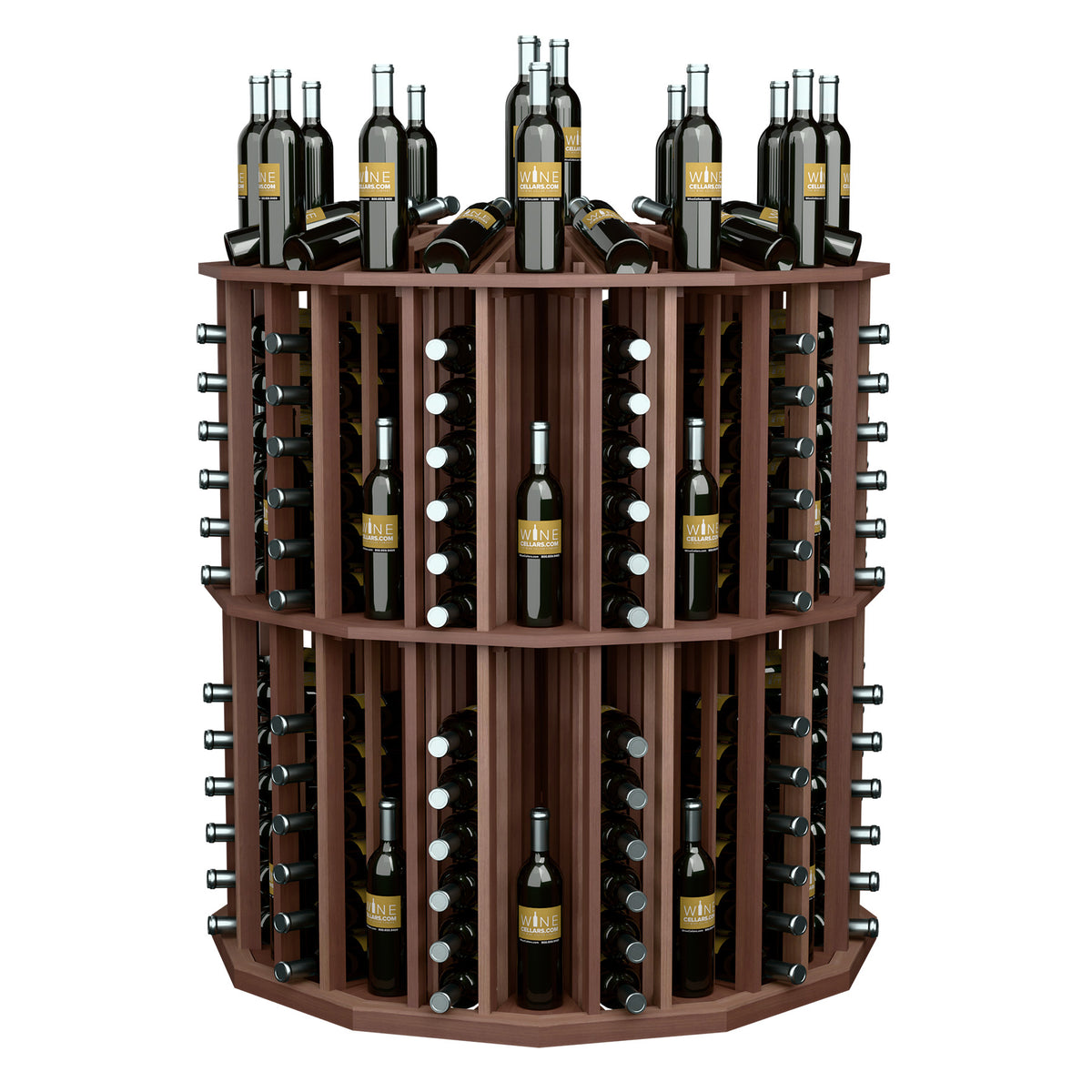 Brown round aisle bottle display with metal racks and bottle holder compartments
