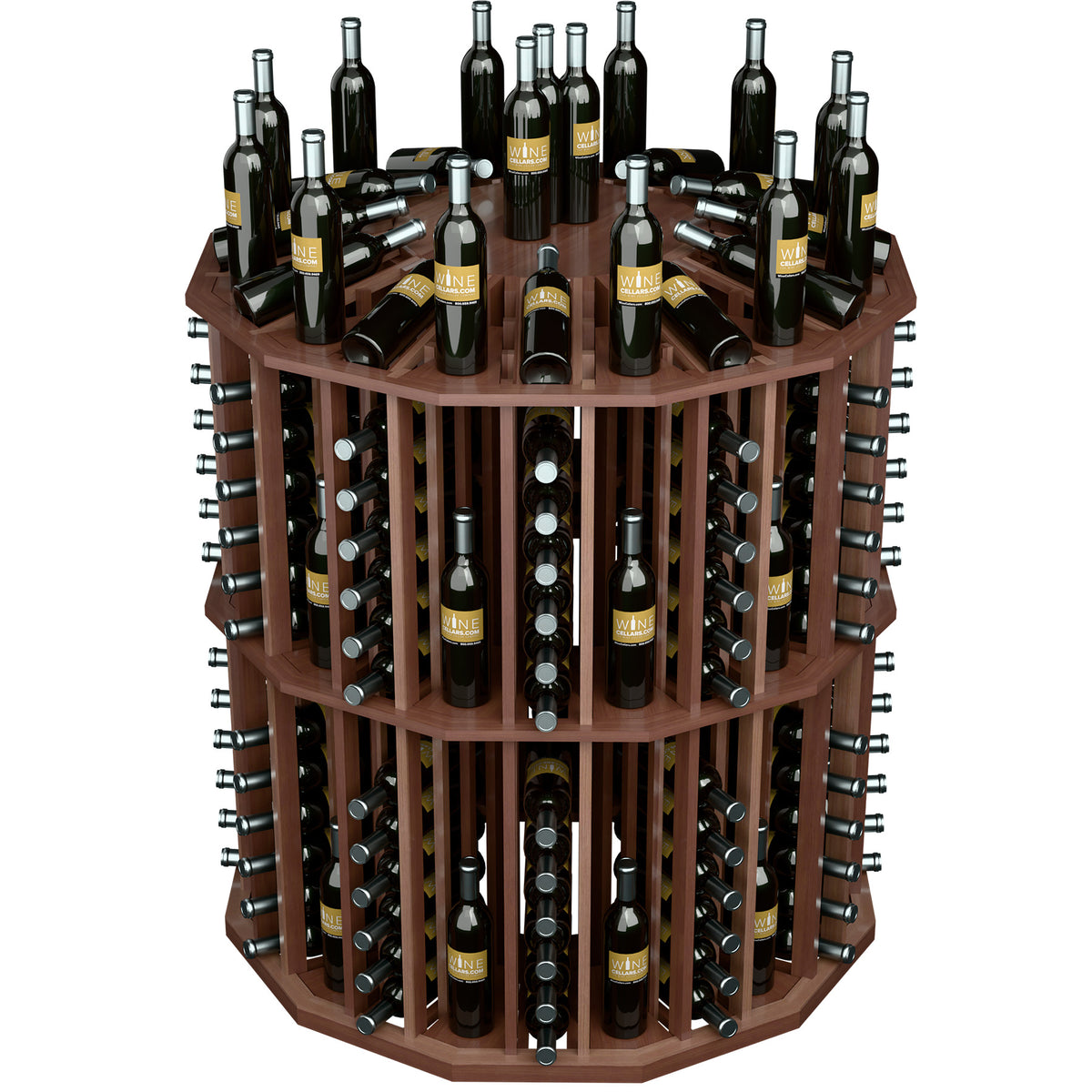 Round commercial wine bottle display rack with dark wood frame and bottle holder grids