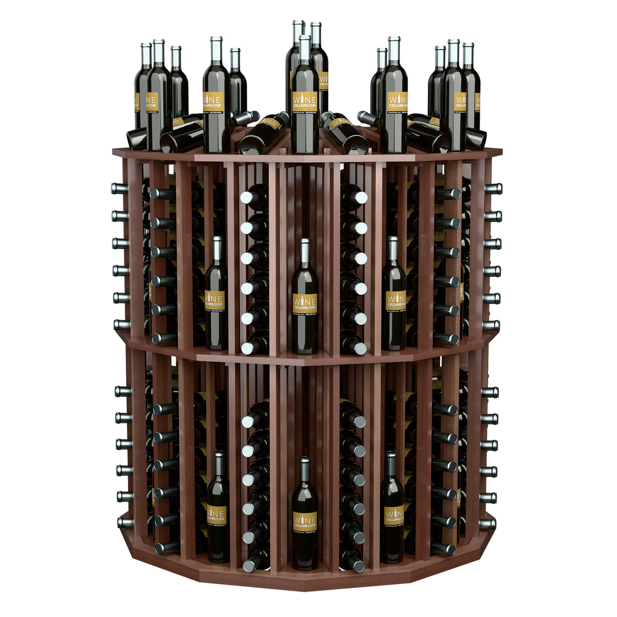 Round wine bottle display rack with rich brown wood frame and bottle storage compartments