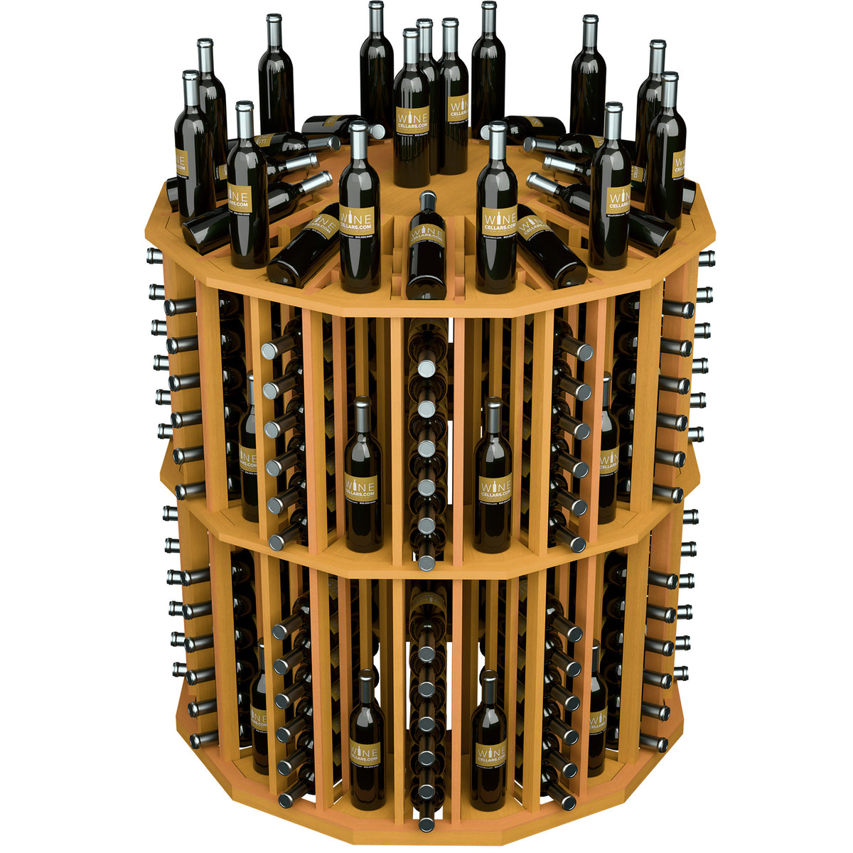 Round wood wine bottle display with metal pegs, angled view of circular tiers