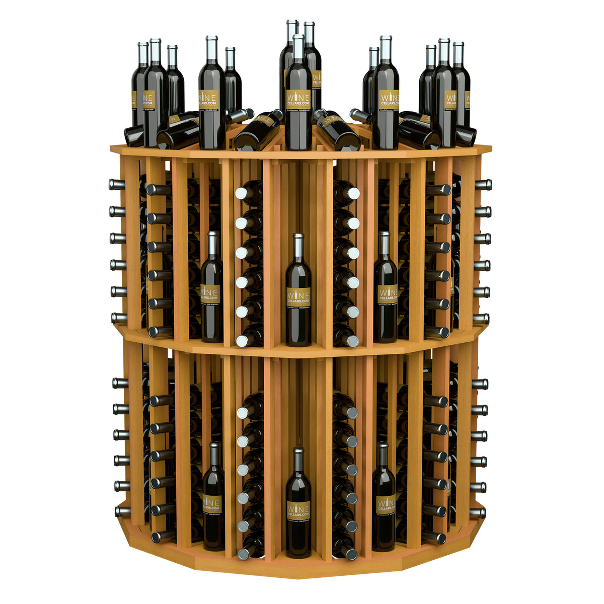 Light wood round wine bottle display rack showing upright bottles and circular shelving