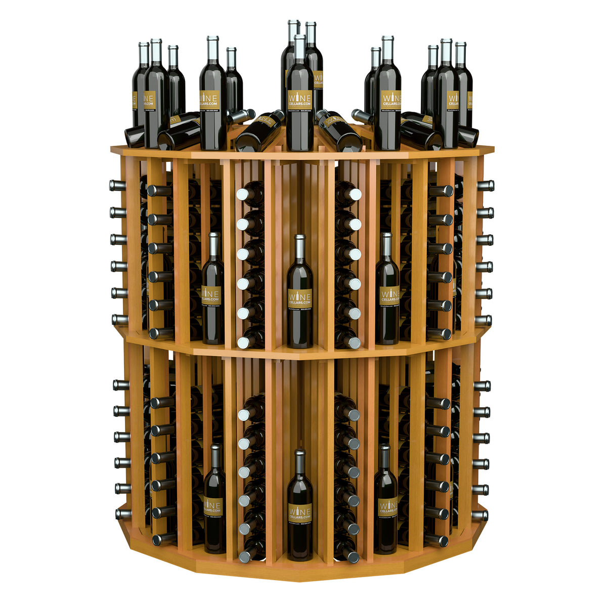 Round wine bottle display rack with light wood frame and bottle-holder rows on sides