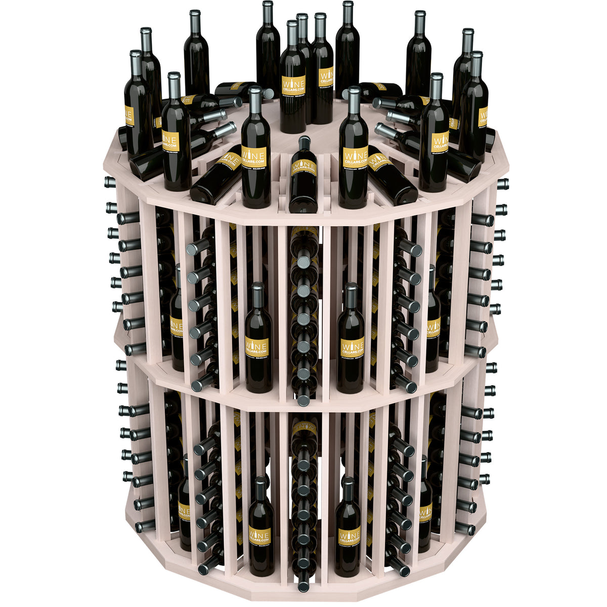 White-painted round wine bottle display rack with bottle slots and metal peg holders