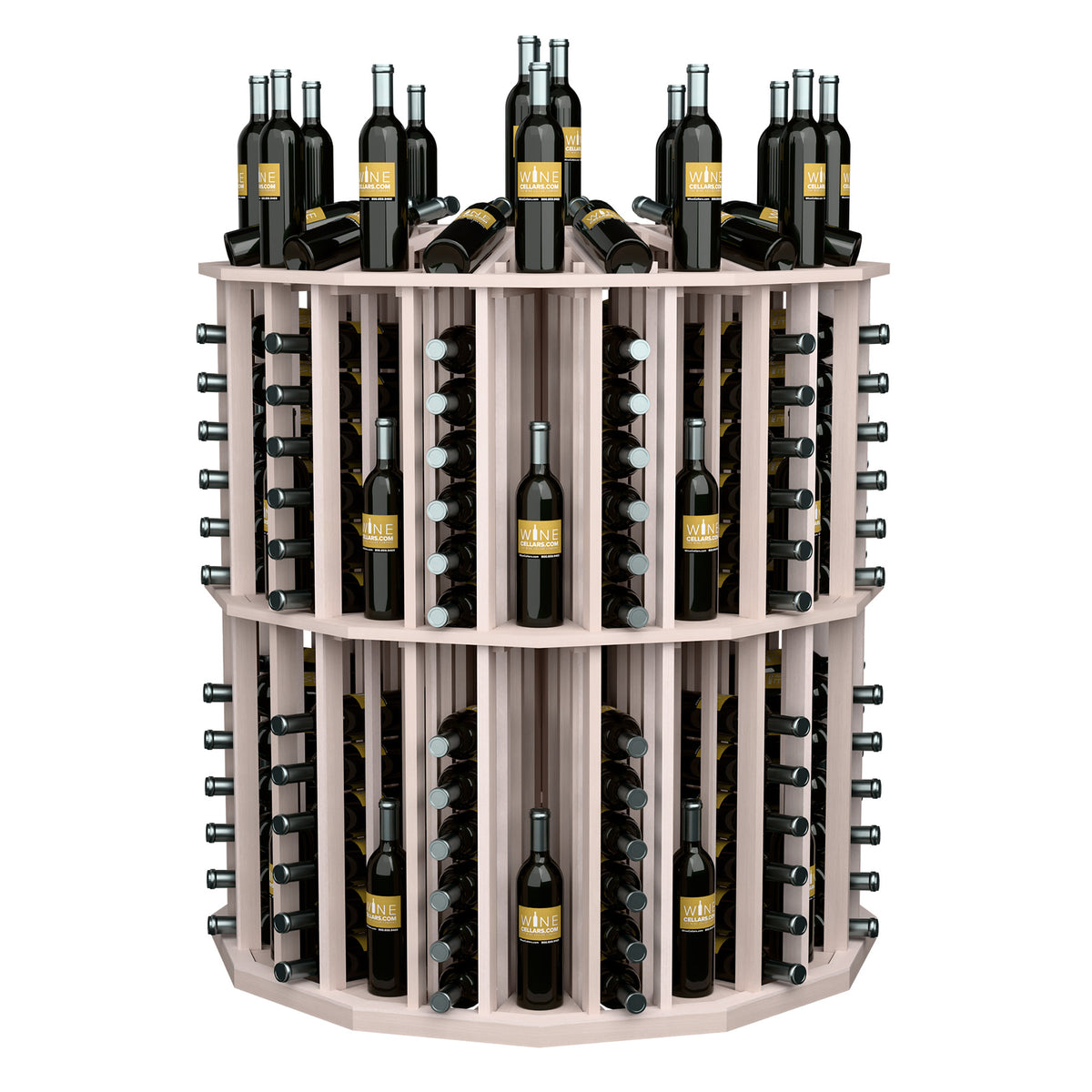 Light wood round bottle display with metal racks and glass holder slots
