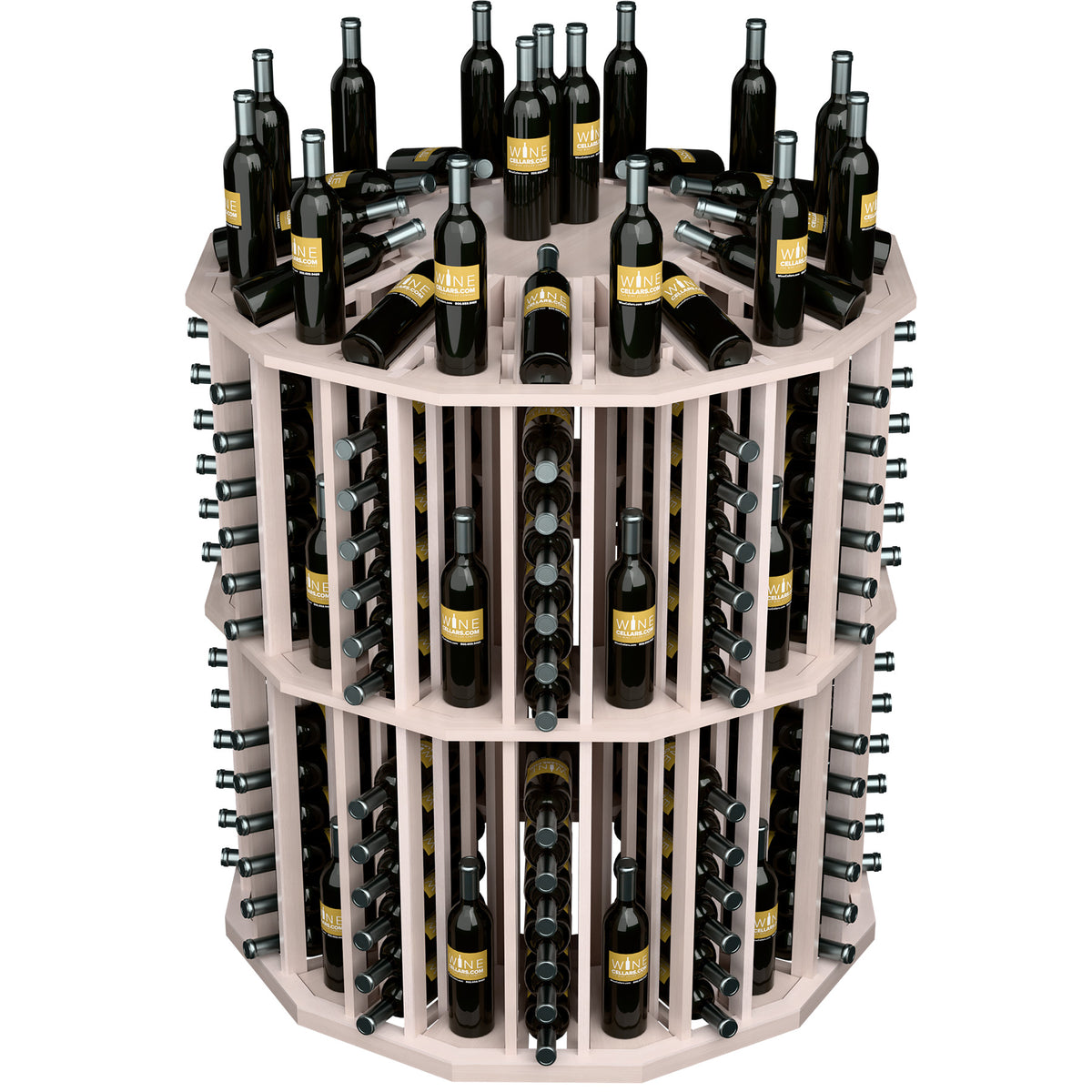 Round commercial wine bottle display rack with light wood frame and bottle slots