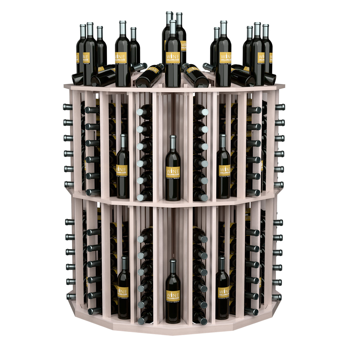 Round wine bottle display rack with light wood frame and circular bottle holder rows