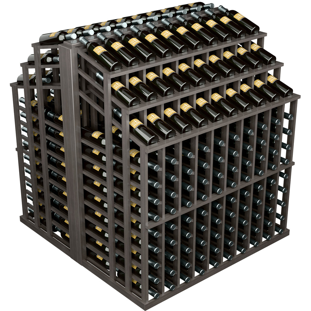 Dark wood bottle display with rows of capped wine bottles and open front grid