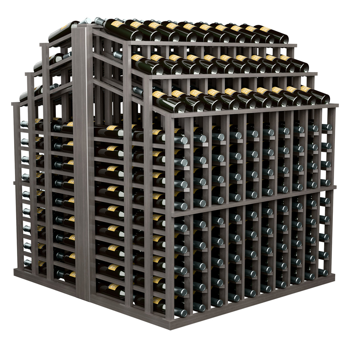 Black wine bottle display rack with multiple tiers and bottle slots on all sides