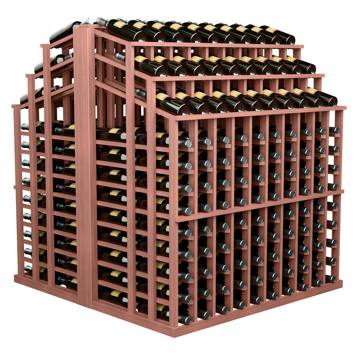 Red-stained wood wine bottle display rack with 3 tiers and bottle bottle slots