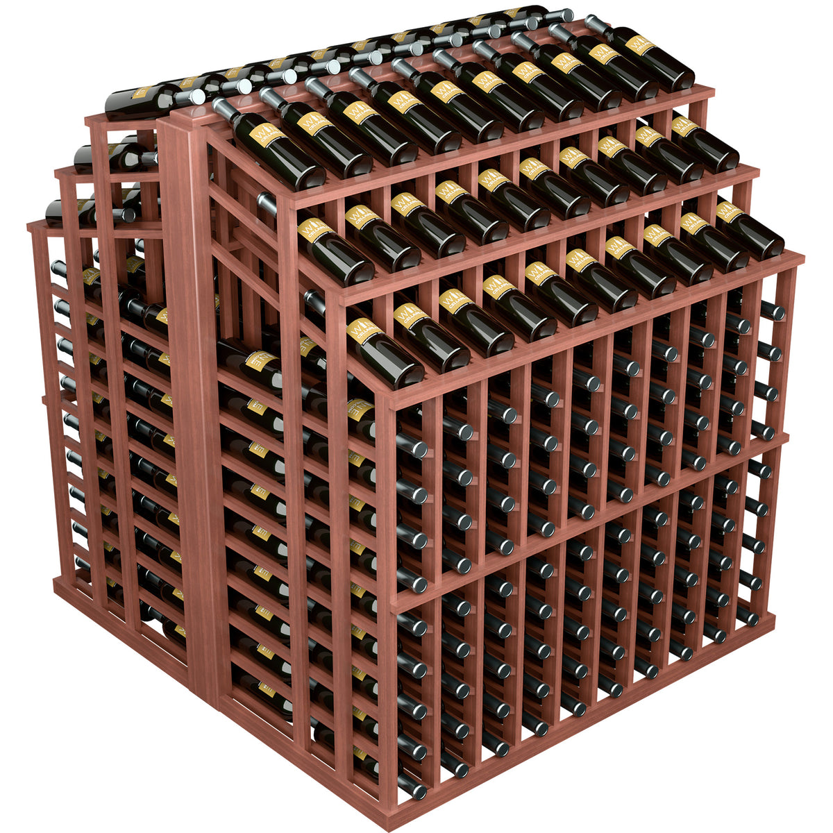 Mahogany wood wine bottle display rack with multi-tier rows of capped bottles