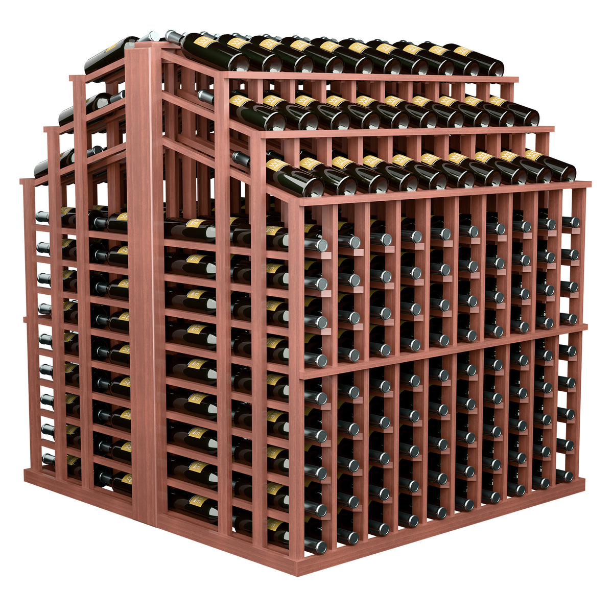 Red-brown wood wine bottle display with stacked bottle rows and side grid supports