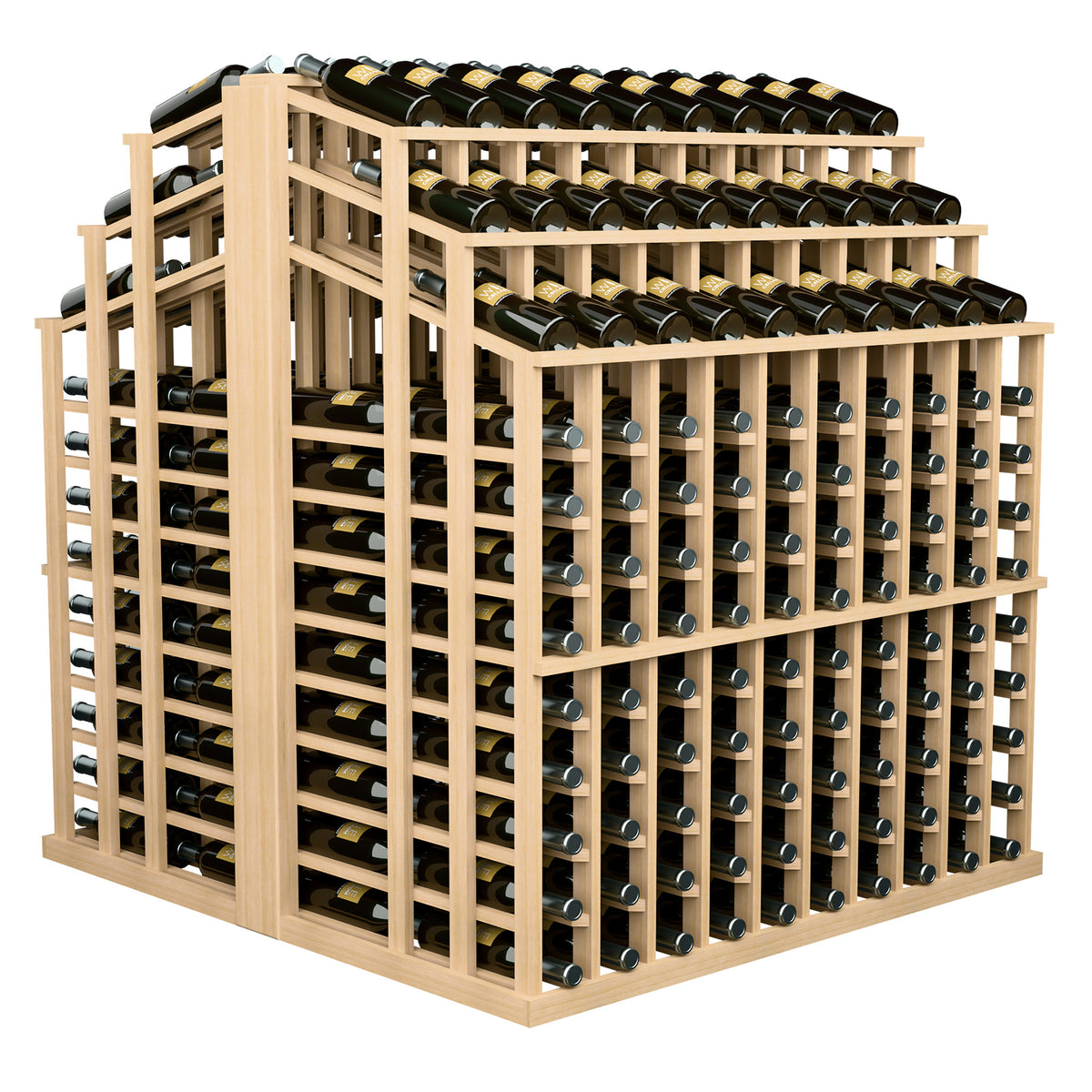 Pale wood wine bottle display rack, angled view showing cubbies and bottle neck tops