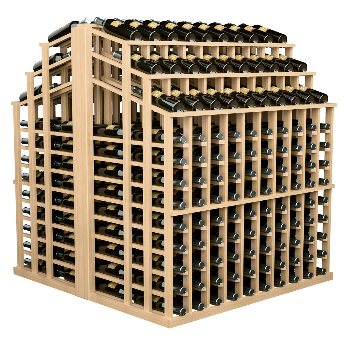 Natural light wood wine bottle display with multi-tier shelves and bottle compartments