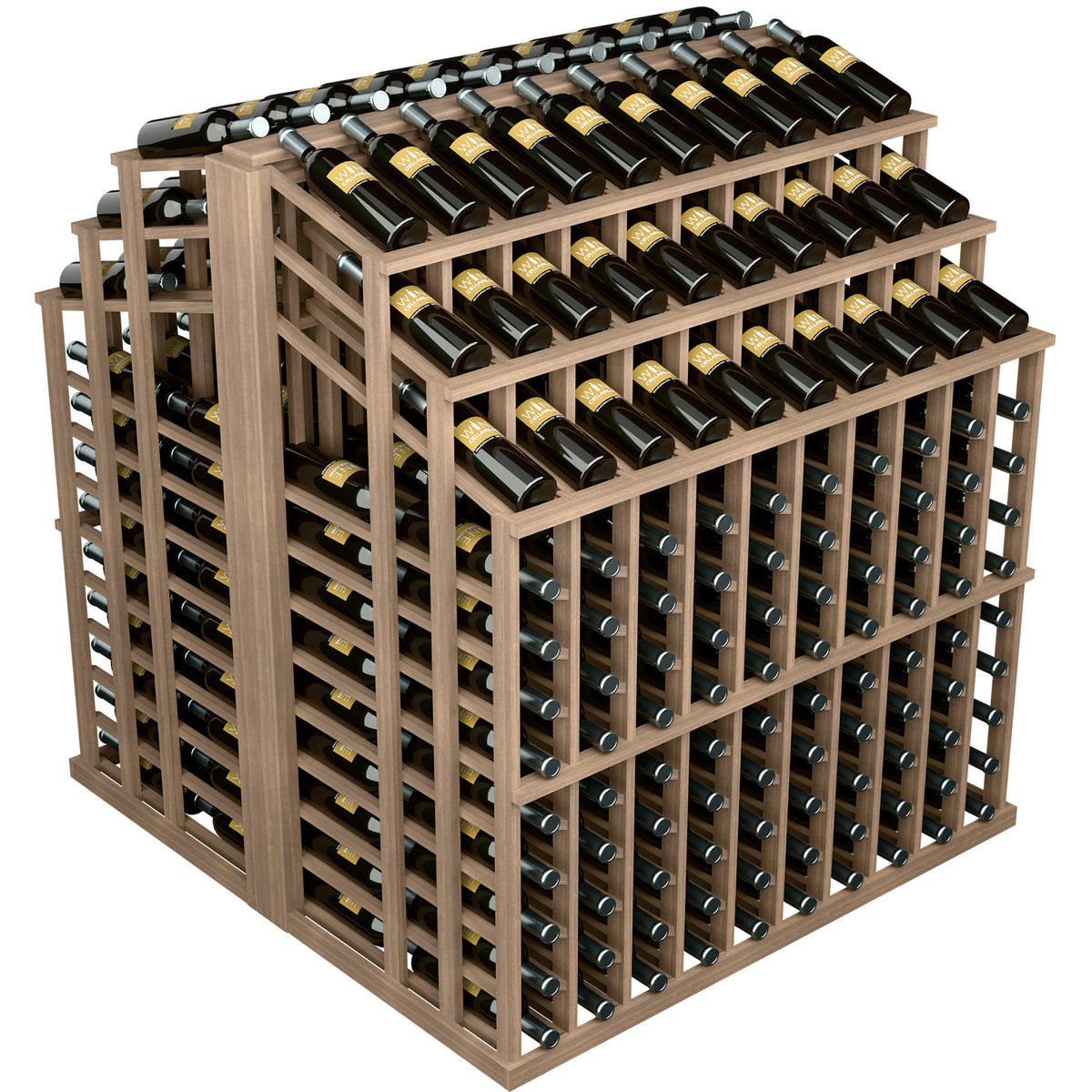 Wine bottle display rack with brown wood frame and dark bottles in double-depth slots