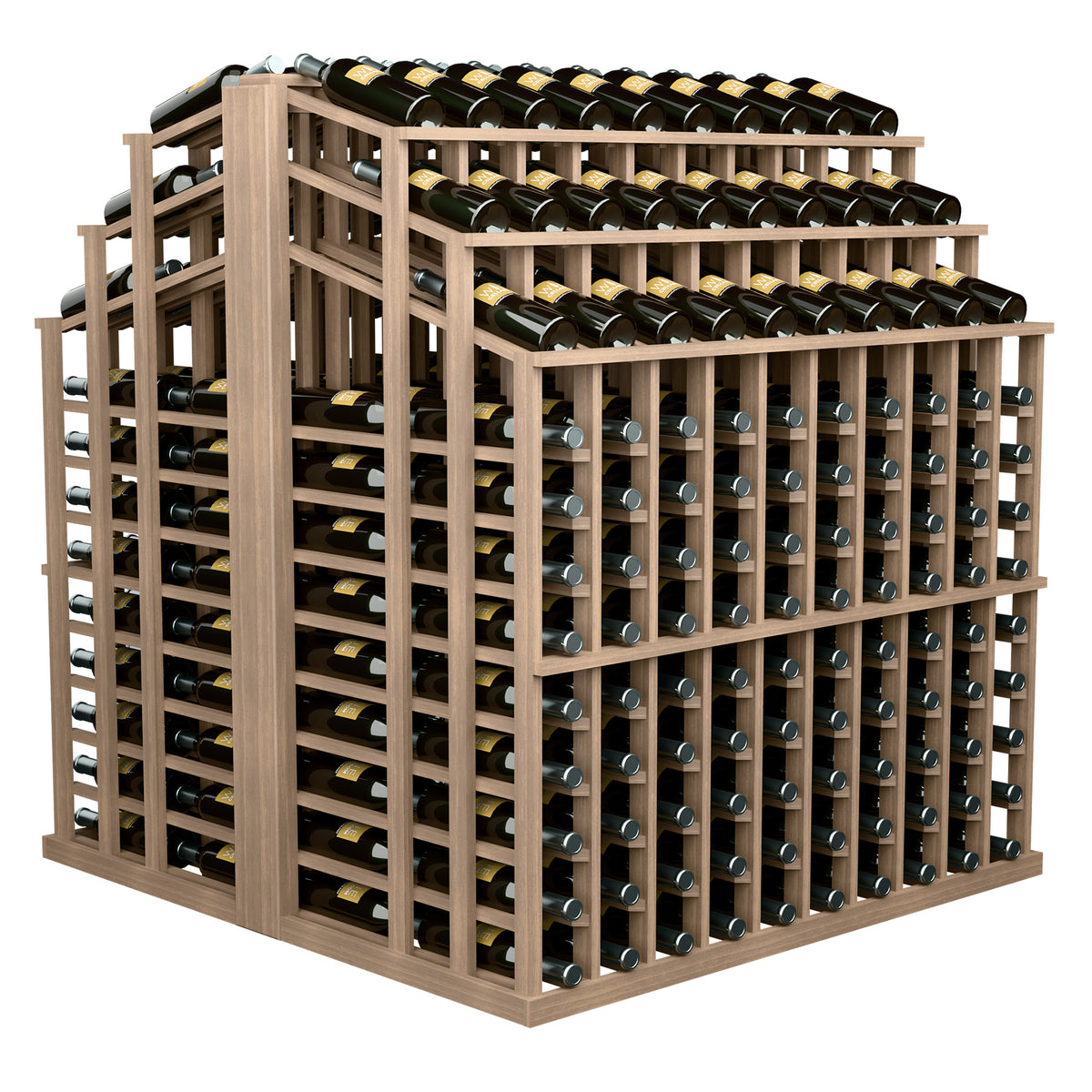 Natural wood wine bottle display rack with 3 tiers and front bottle rows