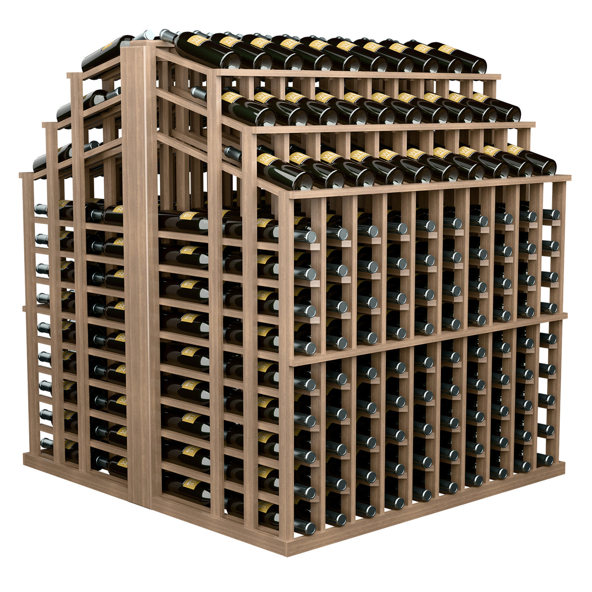 Pale wood wine bottle display rack with stacked rows of capped bottles on grids