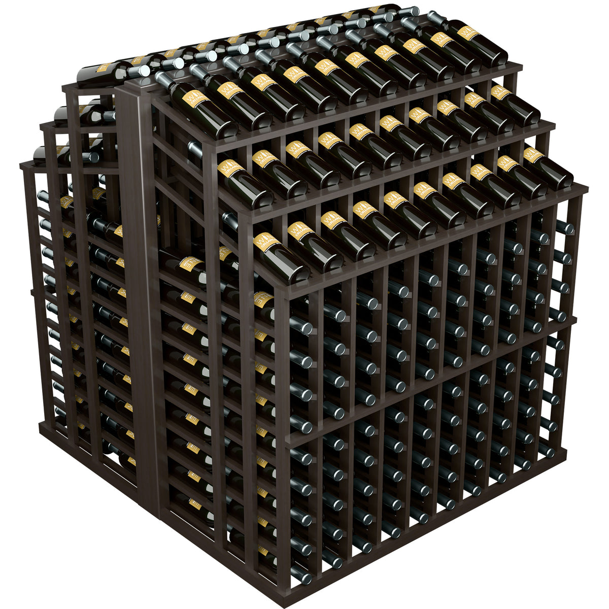 Dark wood wine bottle display rack with multiple tiers of capped bottles and bottle slots