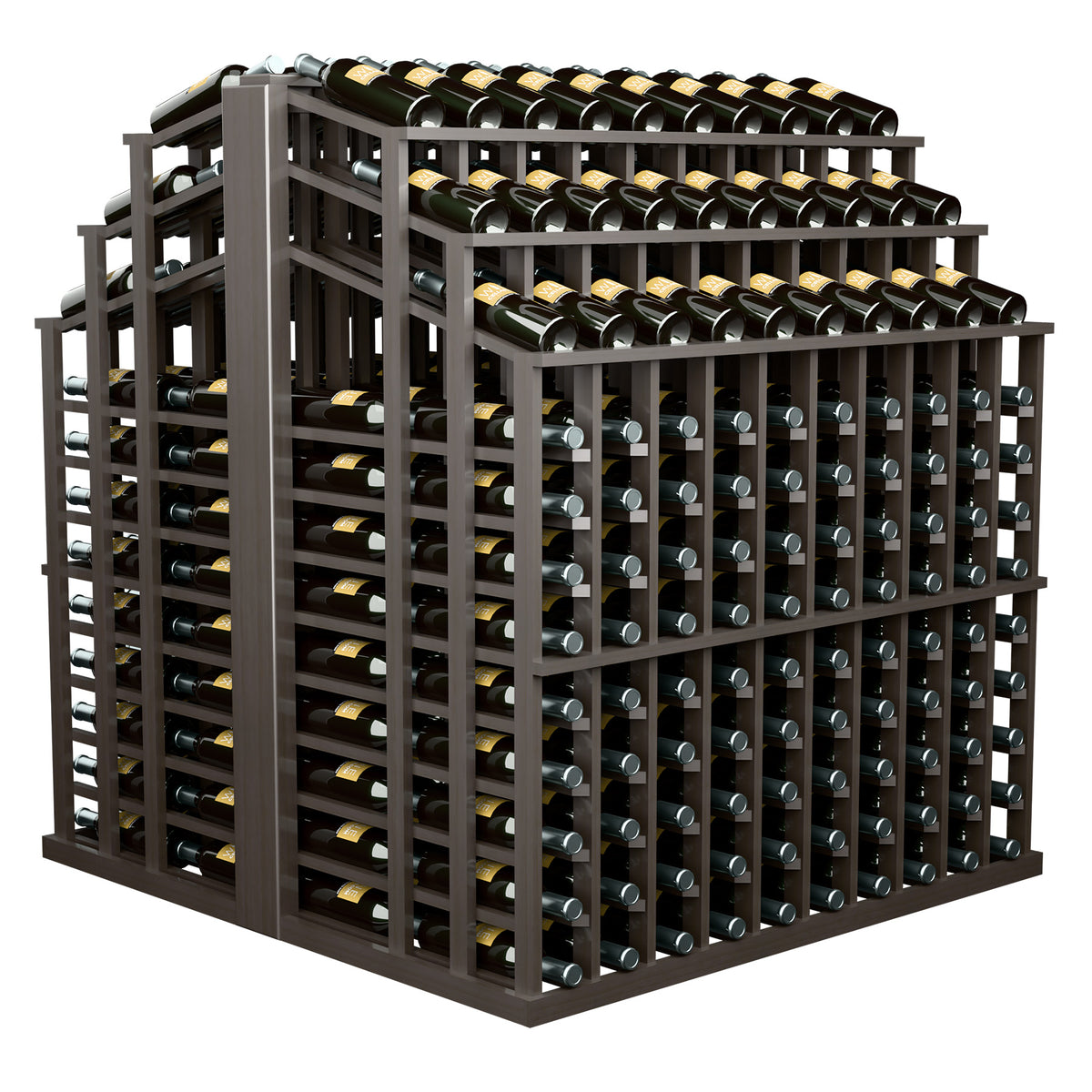 Black wine bottle display rack with stacked rows of capped bottles in front grid frame
