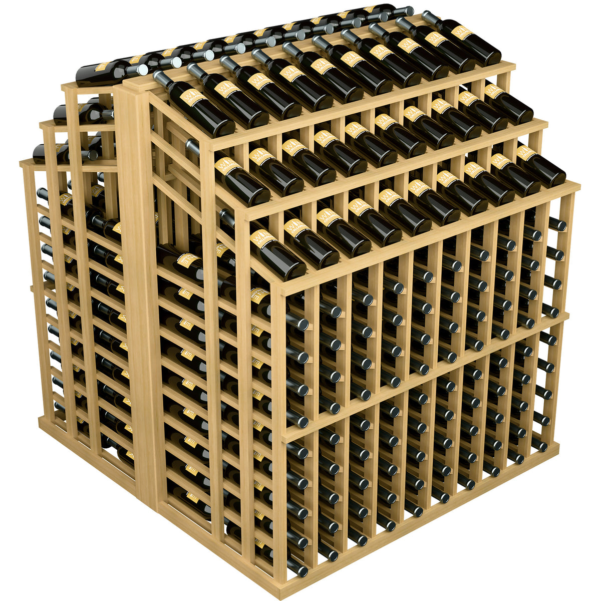 Cream wood wine bottle display rack with bottle cradles across top and front grid