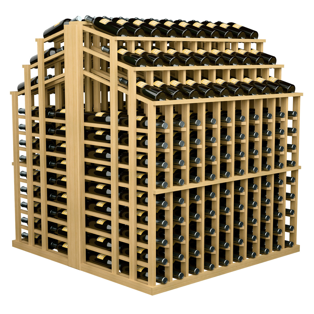 Wine bottle display rack with light wood frame and rows of capped bottles