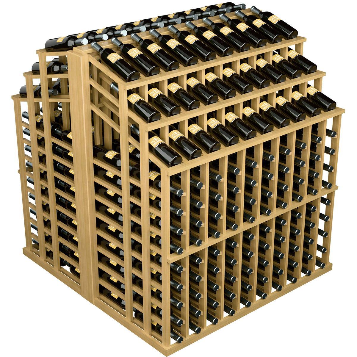 Wine bottle display rack with stacked wine bottle rows and square frame in natural wood