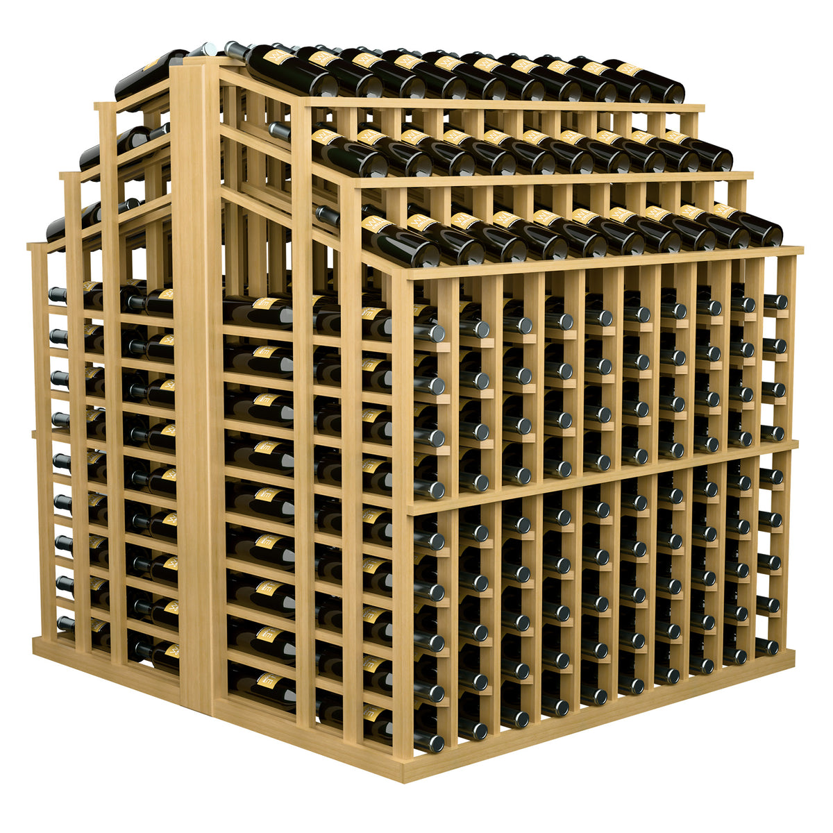 Wine bottle display rack with bottle holders on three levels, front grid view in light wood
