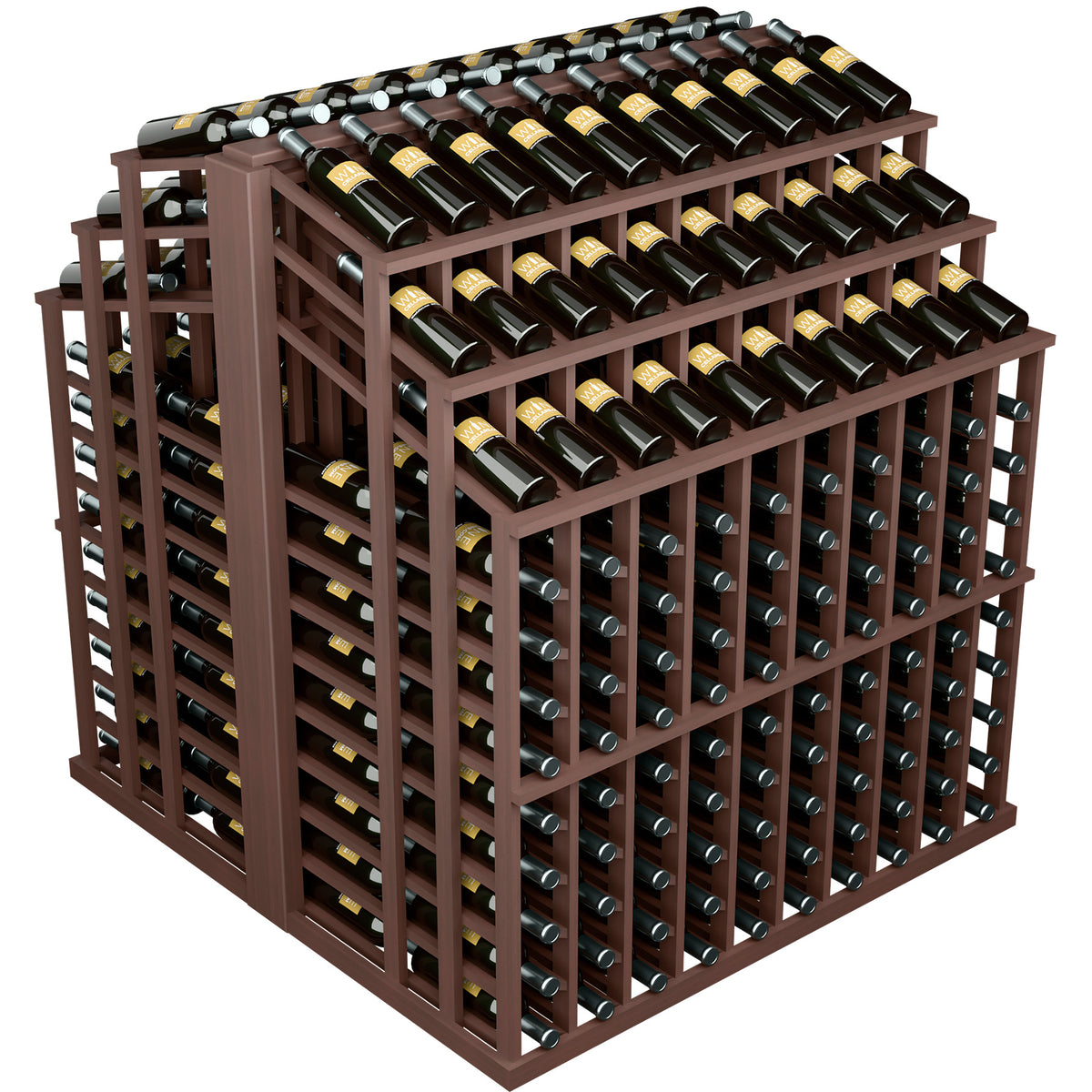 Wine bottle display rack with dark brown frame and rows of capped bottles