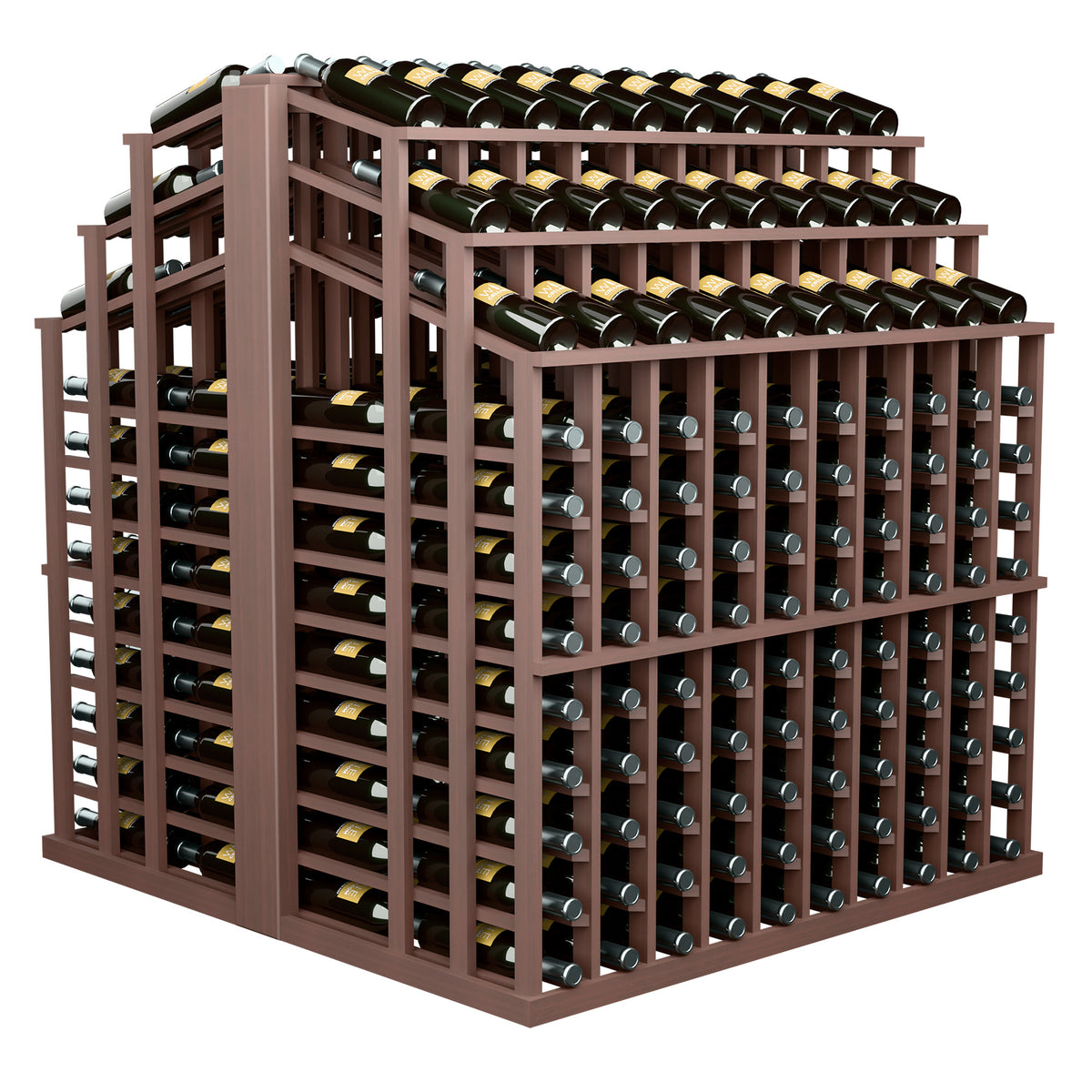 Dark brown wood wine bottle display rack with wire-style bottle holders, two-tier grid