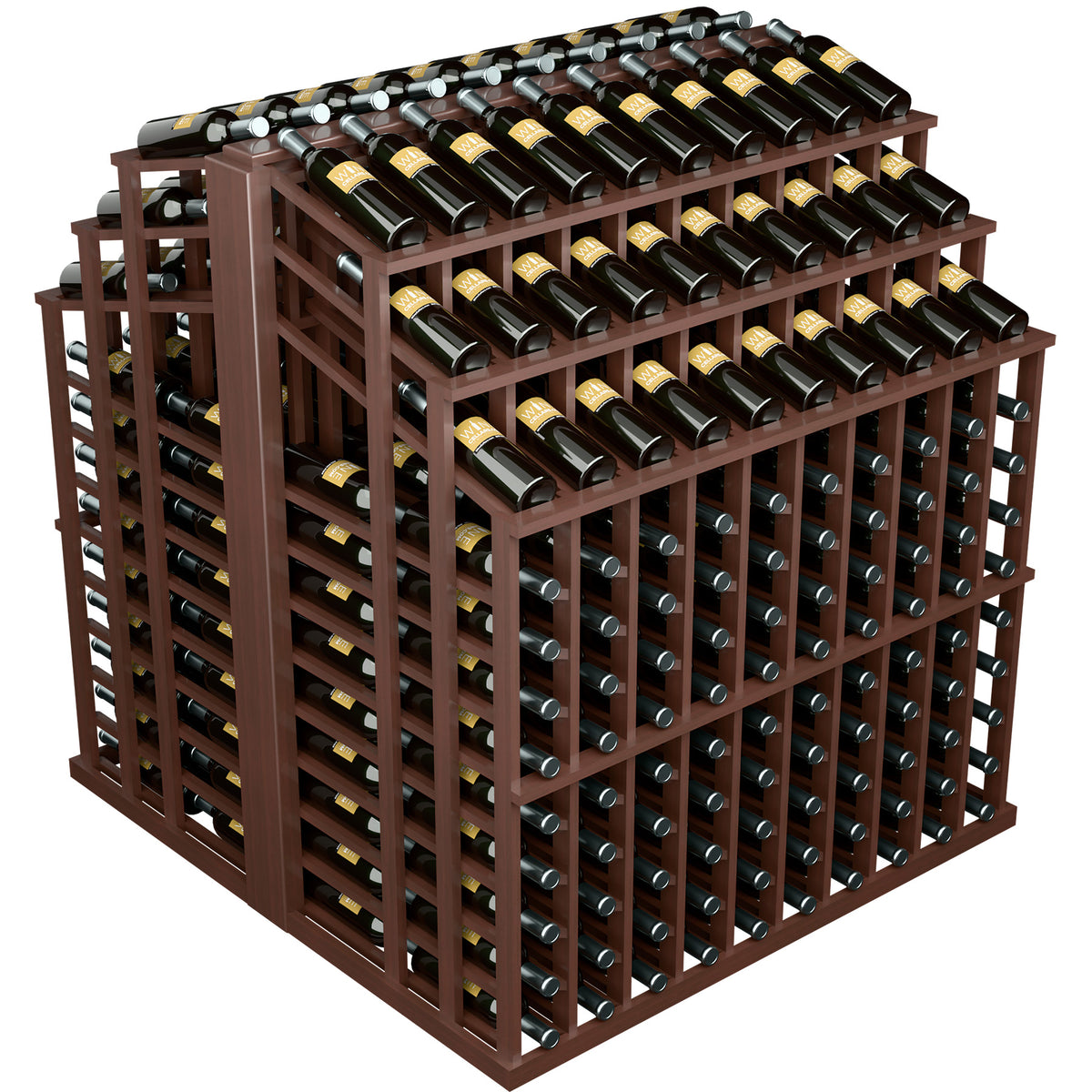 Wine bottle display rack with stacked wine bottle rows and bottle slot grids in dark wood
