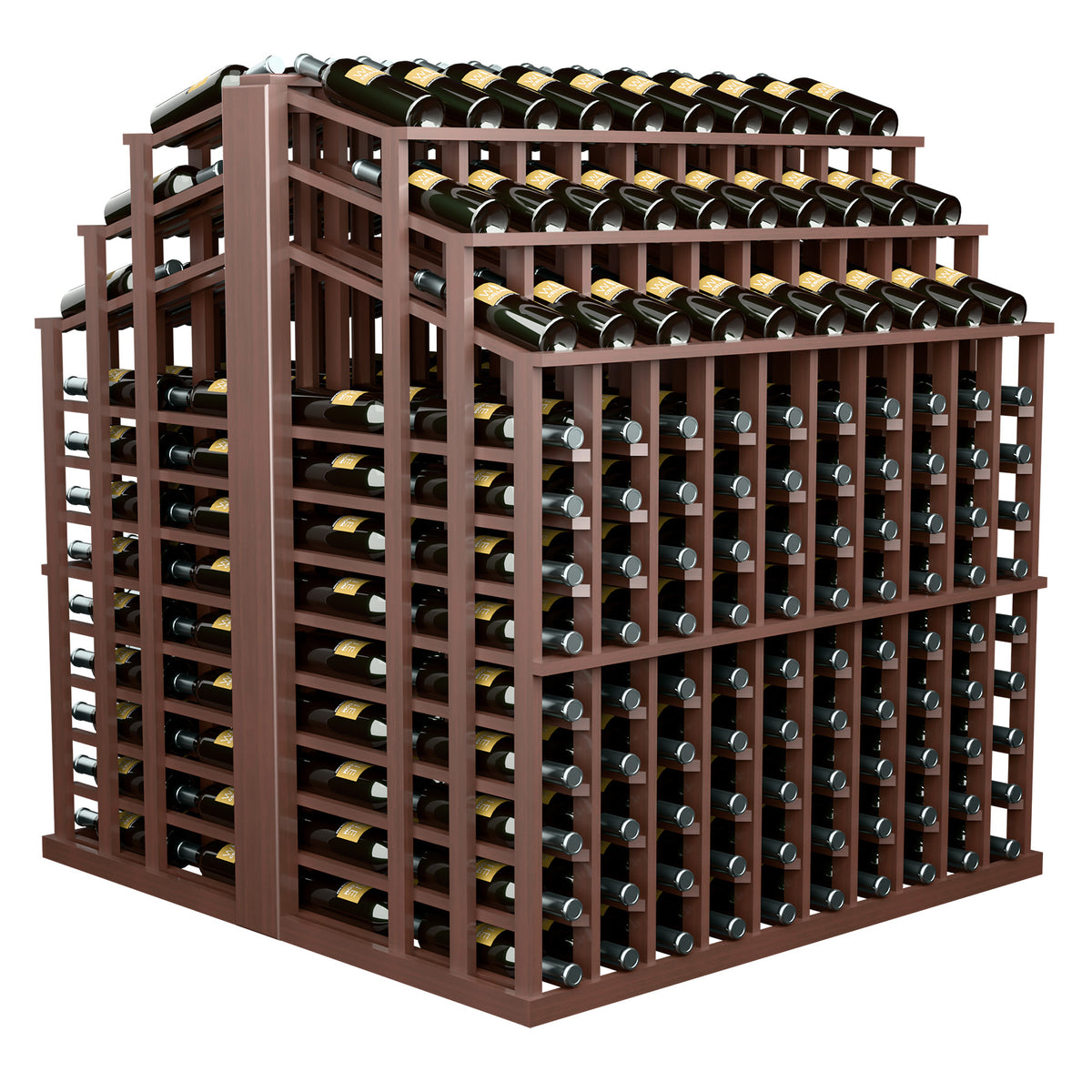Wine bottle display rack with three-tier bottle holders and dark wooden frame