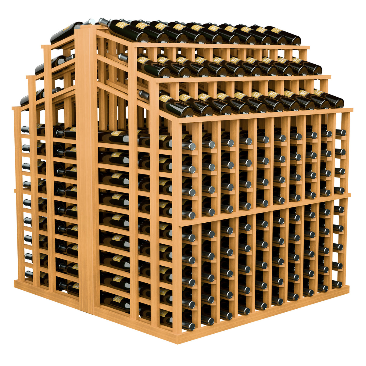 Wine bottle display rack with light wood frame and capped bottles on storage tiers