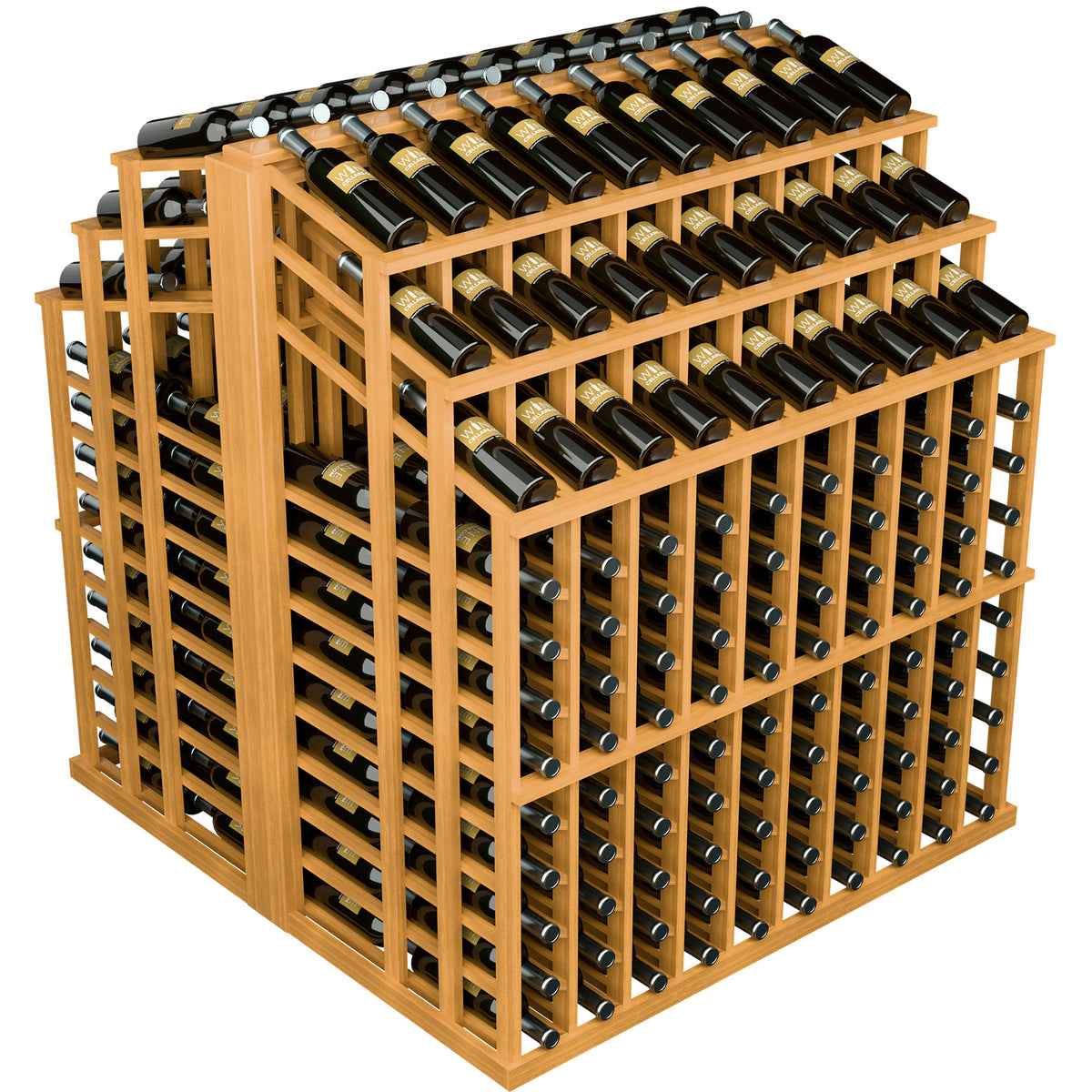 Wine bottle display rack with stacked bottle rows, bottle slots, and light honey-colored wood frame