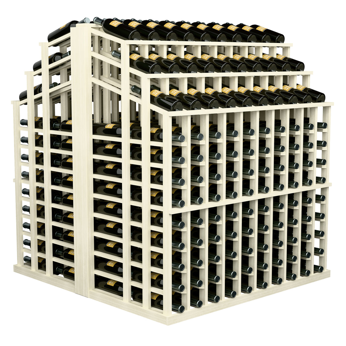 Light wood wine bottle display rack with bottle holders in a front grid, stacked tiers