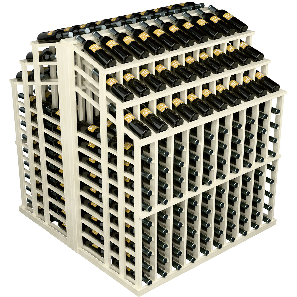 Wine bottle display rack with stacked bottle rows and front bottle holders in whitewashed wood