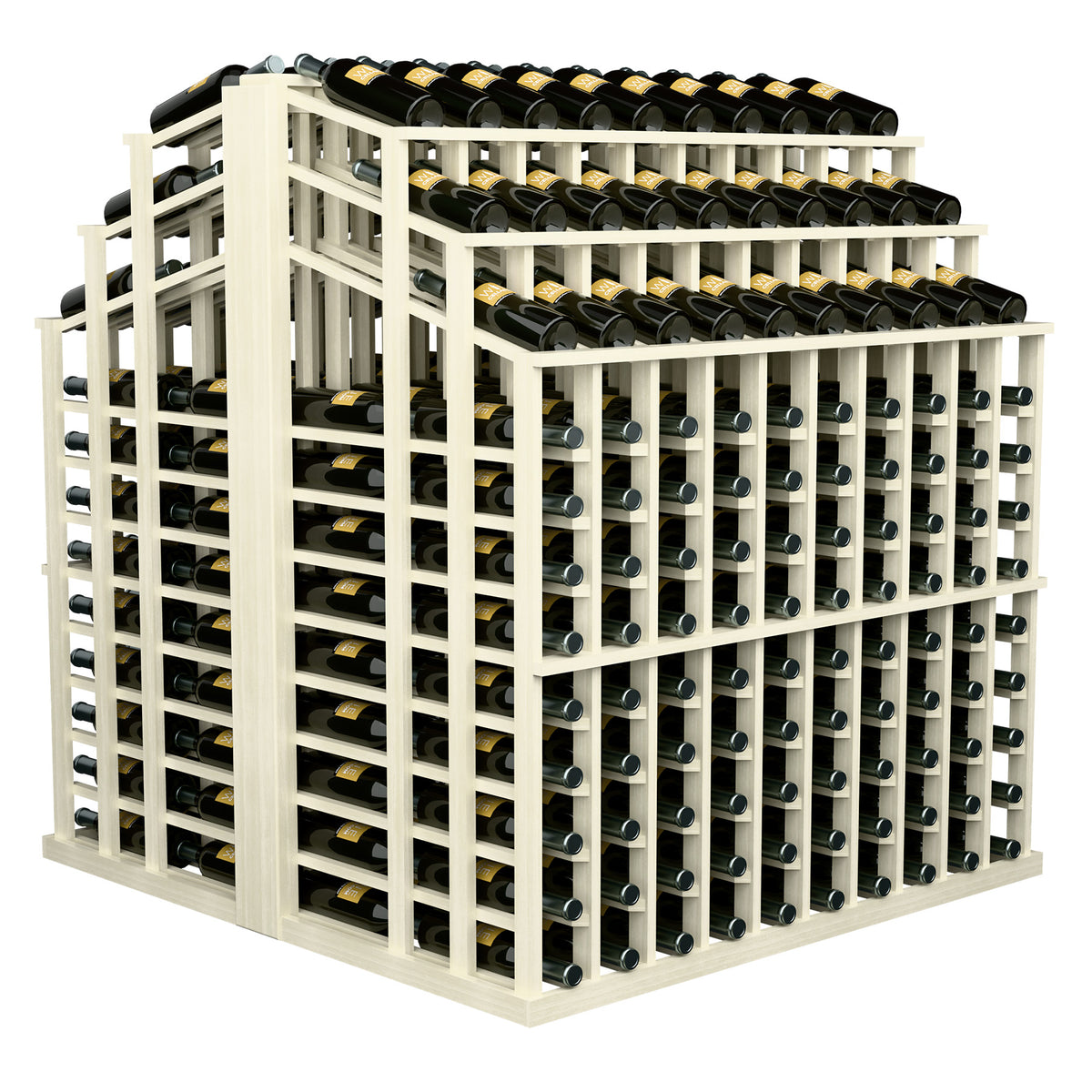 Wine bottle display rack with bottle slot grids, three tiers, and white wooden frame