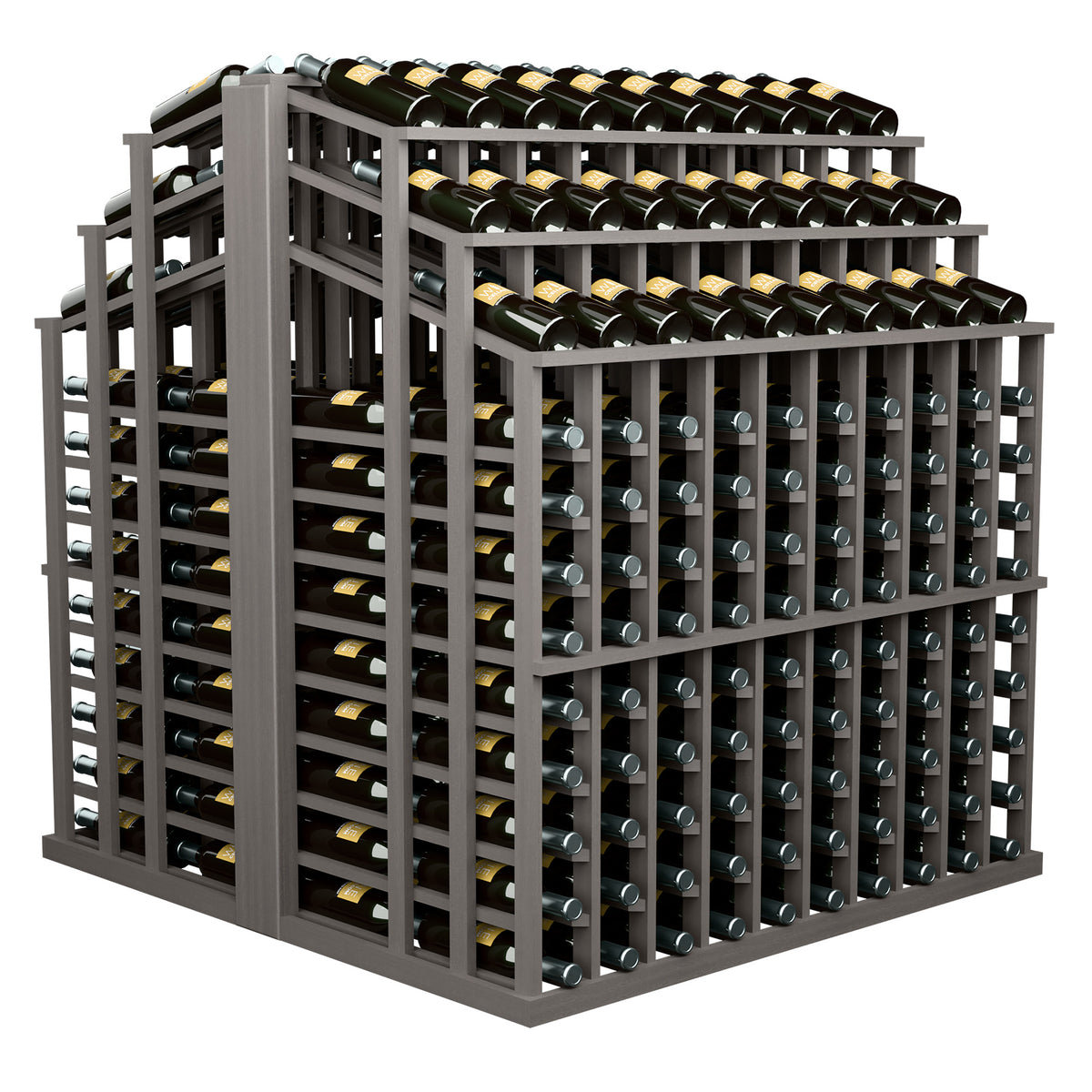 Wine bottle display rack with dark gray frame, bottle rows visible from angled view
