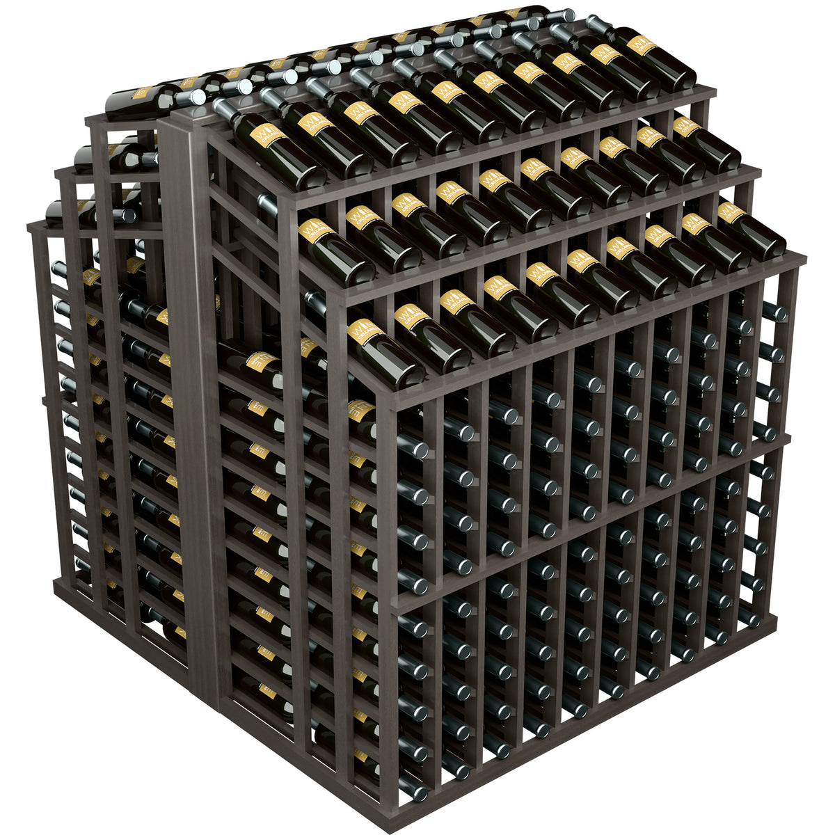 Black wood bottle display rack with multi-tier bottle slots and filled bottles