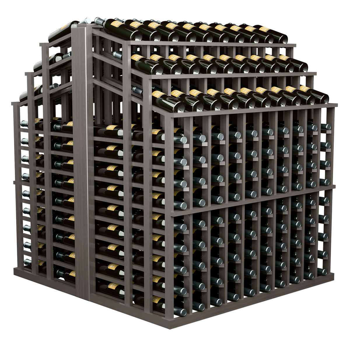 Dark gray wood bottle display rack with multi-tier bottle slots and filled bottles