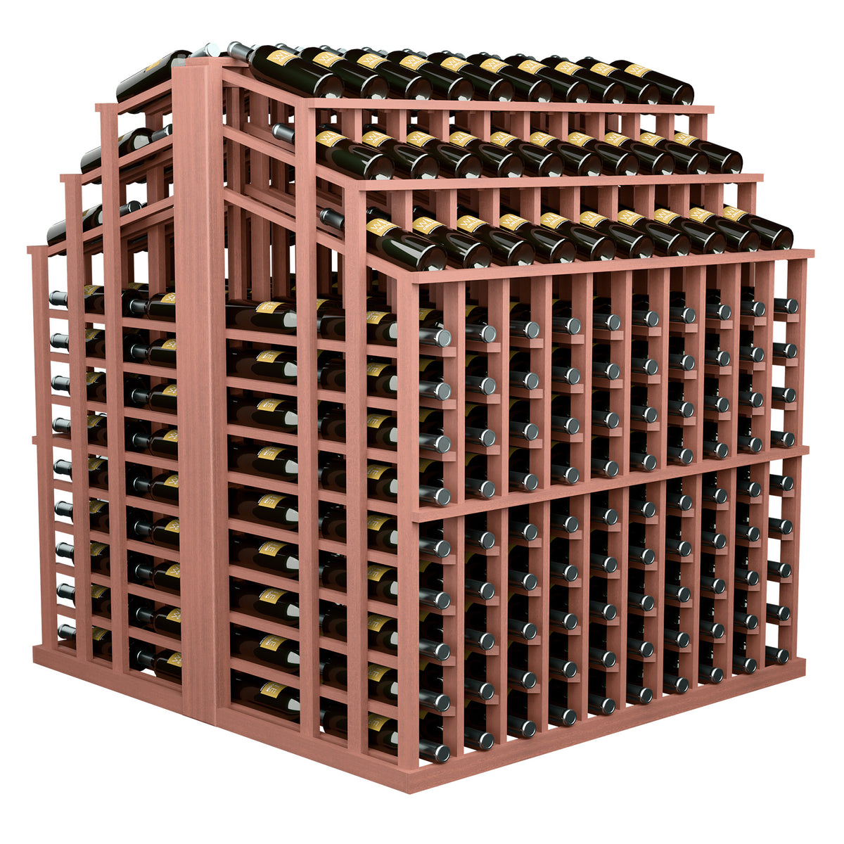Wine bottle aisle display rack with reddish wood frame and rows of green bottles