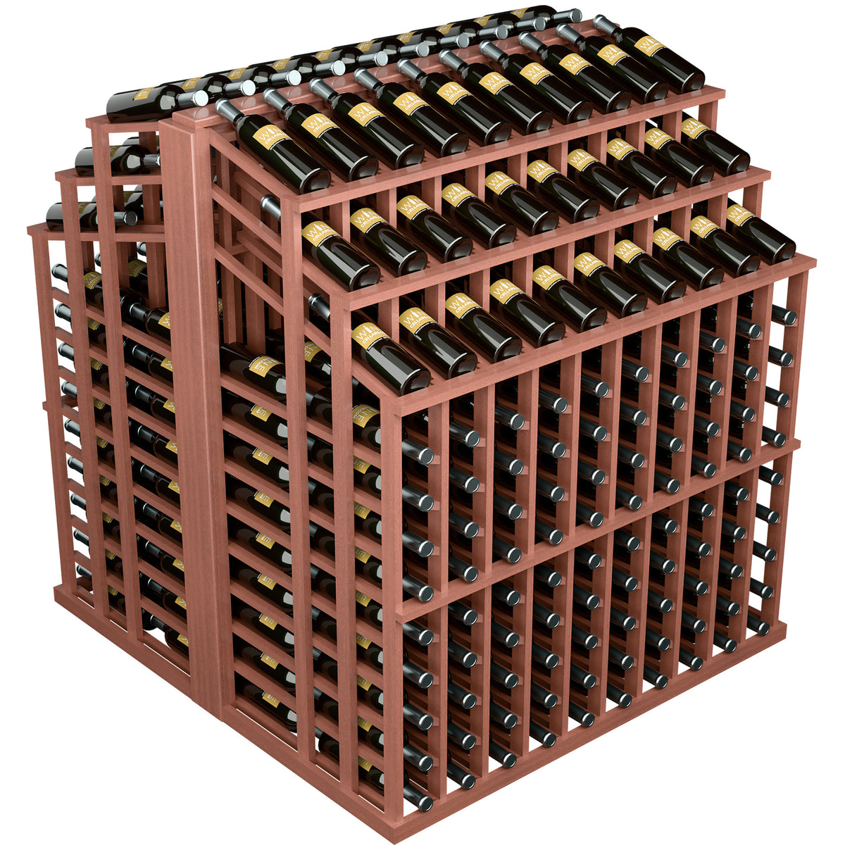 Red-brown wood bottle display rack with multi-tier bottle slots and filled bottles